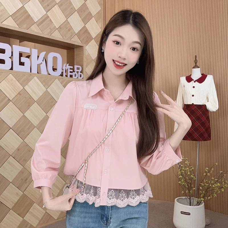 气质小个子蕾丝拼接衬衣下摆洋气减龄显瘦百搭九分袖衬衫短款上衣