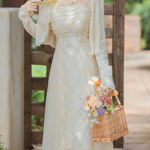 茶歇法式碎花吊带连衣裙配开衫两件套FM230 4013602