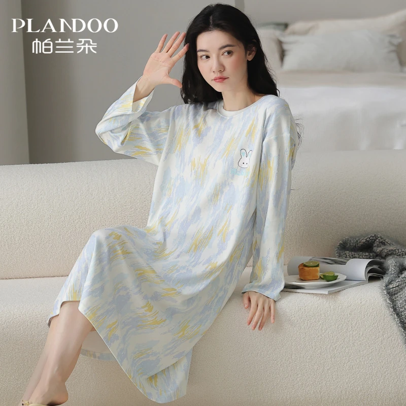 帕兰朵睡裙女士春秋季纯棉长袖家居服秋天秋冬卡通圆领家居服睡衣