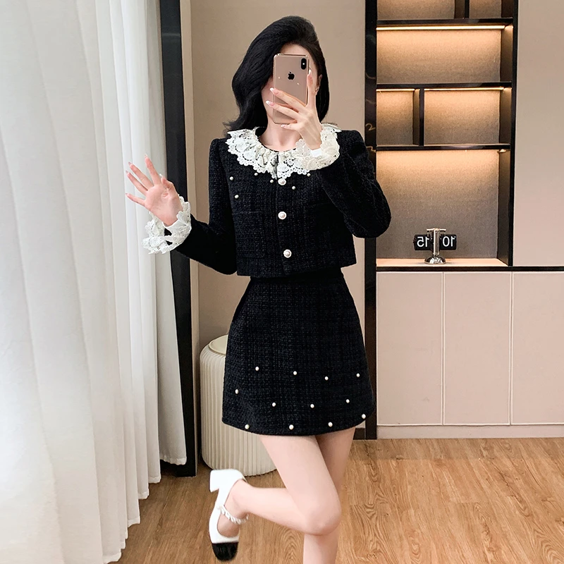 小香风黑色钉珠套装裙秋冬季名媛气质高级感富家千金两件套小个子