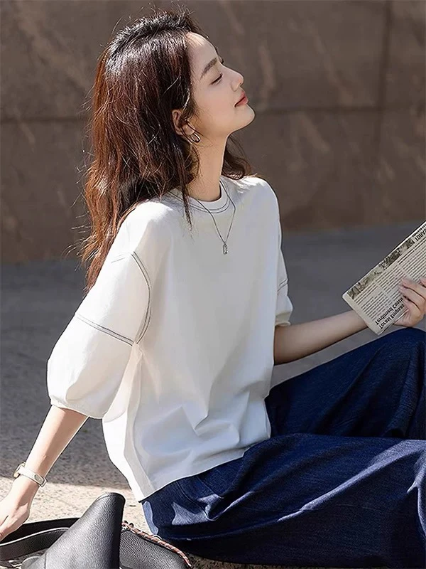 【运补5】韩系灯笼袖复古明线拼接宽松百搭白色短袖圆领T恤外搭上衣