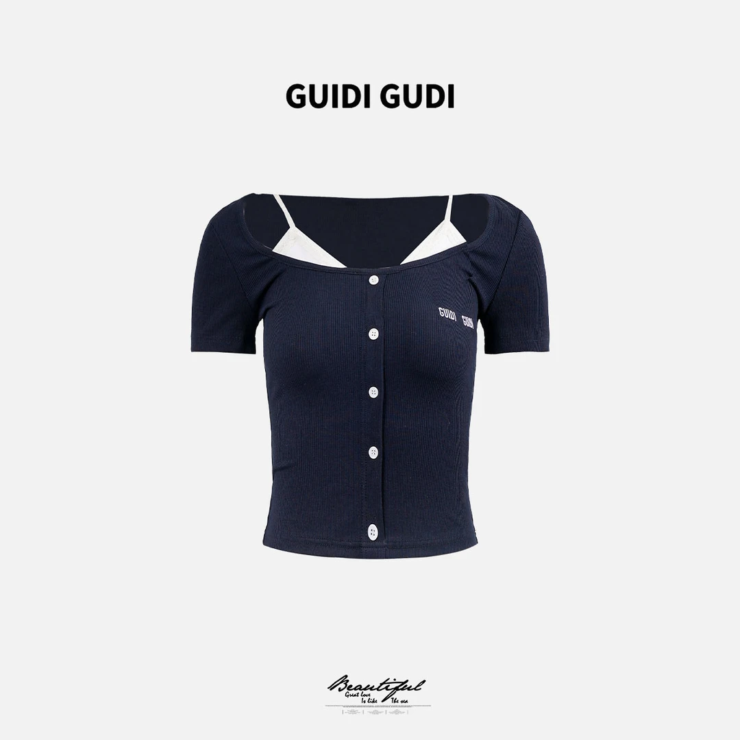 GUIDI GUDI【海的背面】黄加蓝重工设计假两件短袖T恤 T9520227H