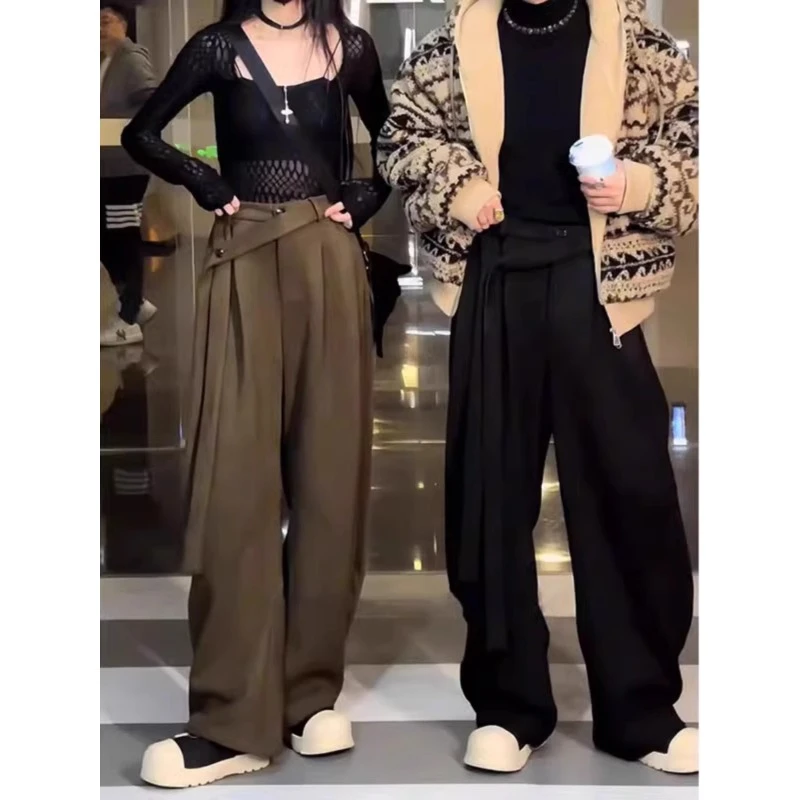 美式复古仿麂皮绒美式弯刀裤男女款秋冬高级感痞帅加绒飘带阔腿裤