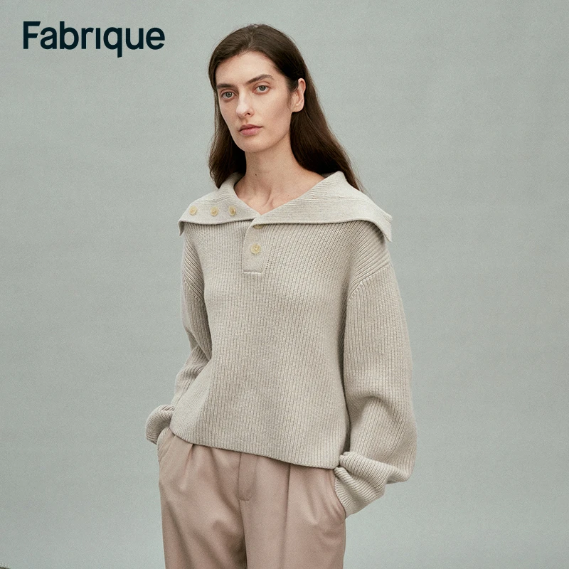 【赵老板专属】Fabrique奶茶灰绵羊毛粗棒针大翻领针织套头毛衣095