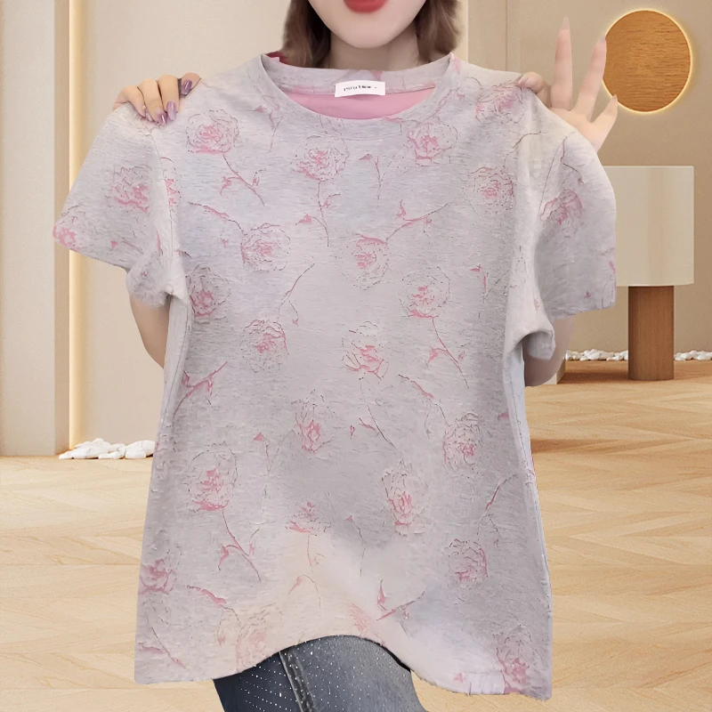 欧货宽松大版t恤女纯棉短袖2025夏季新款设计感时尚玫瑰图案上衣