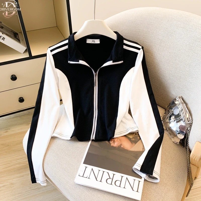 别致翻领拉链长袖女2025秋季新款修身显瘦高级设计感撞色洋气上衣