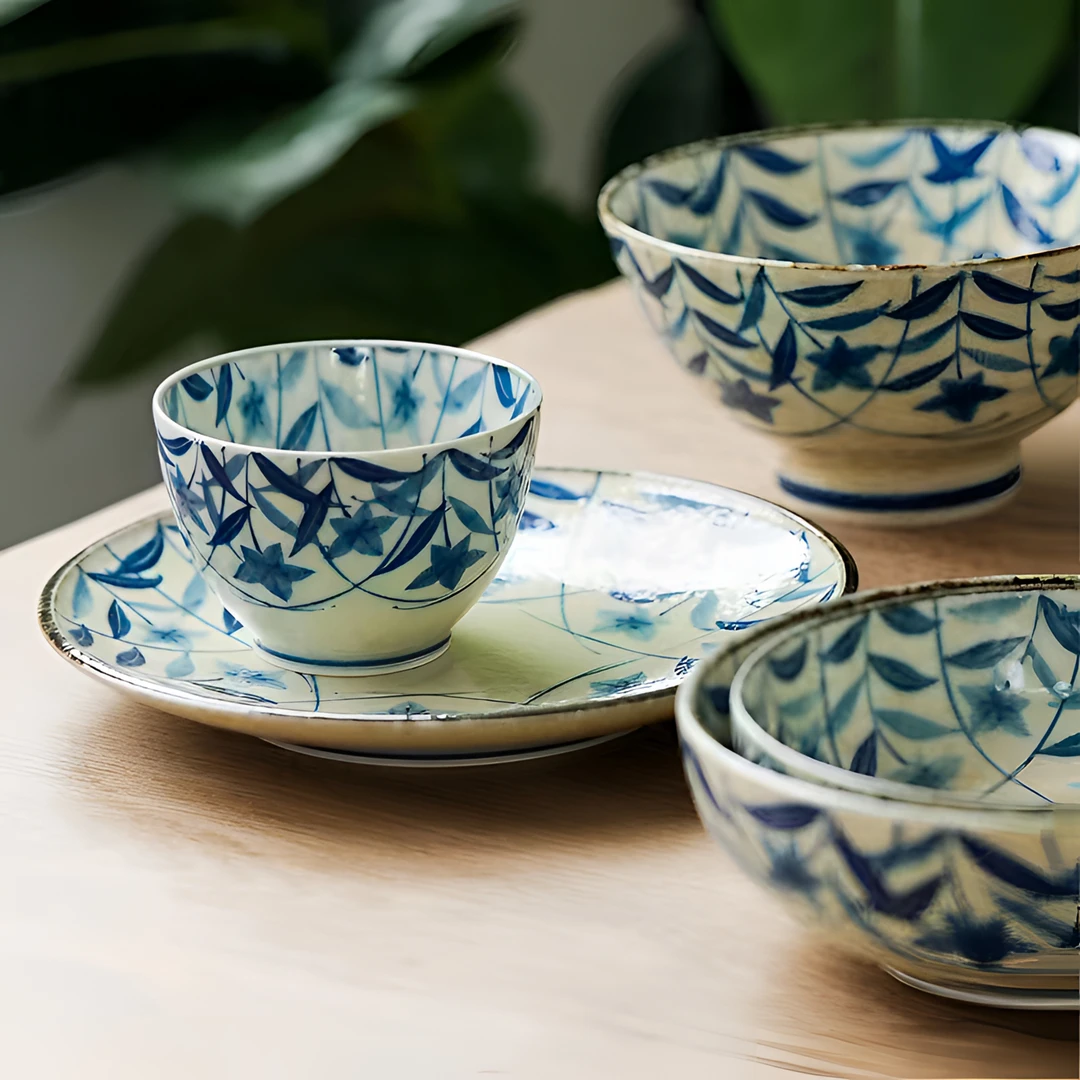 日本进口黄泥桔梗饭盘复古菜盘汤盘日式家用陶瓷饭盘釉下彩餐具