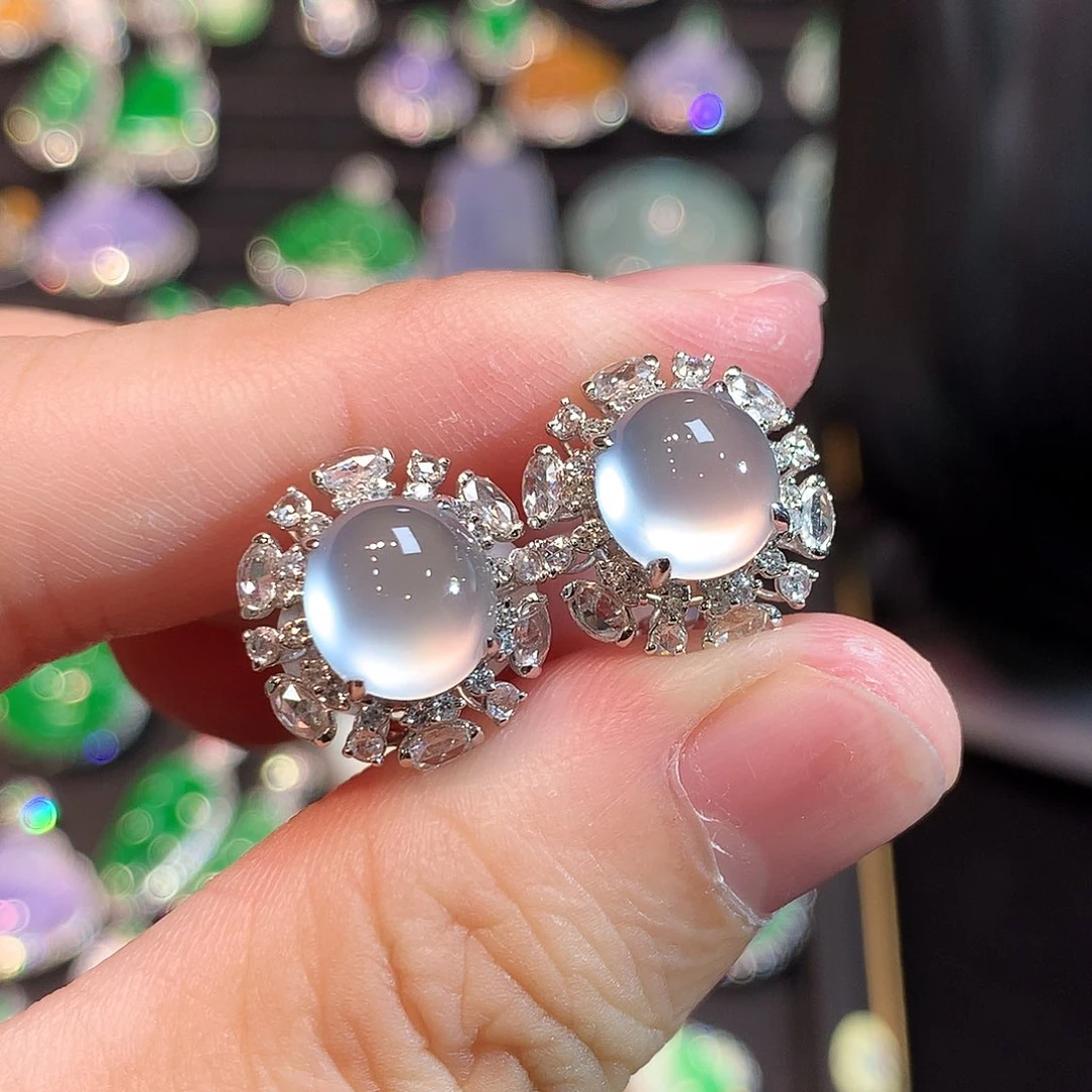 翡翠18K金镶嵌耳饰玻璃种厚桩不封底蛋面耳包