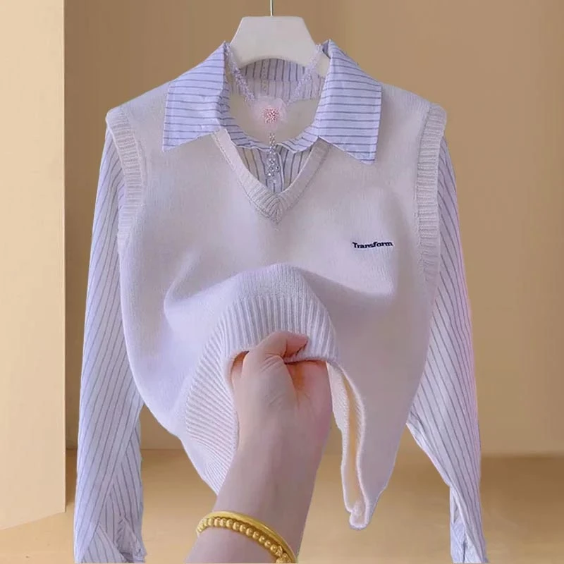 韩版假两件针织条纹衬衫女2025年春秋新款学院风马甲拼接百搭上衣