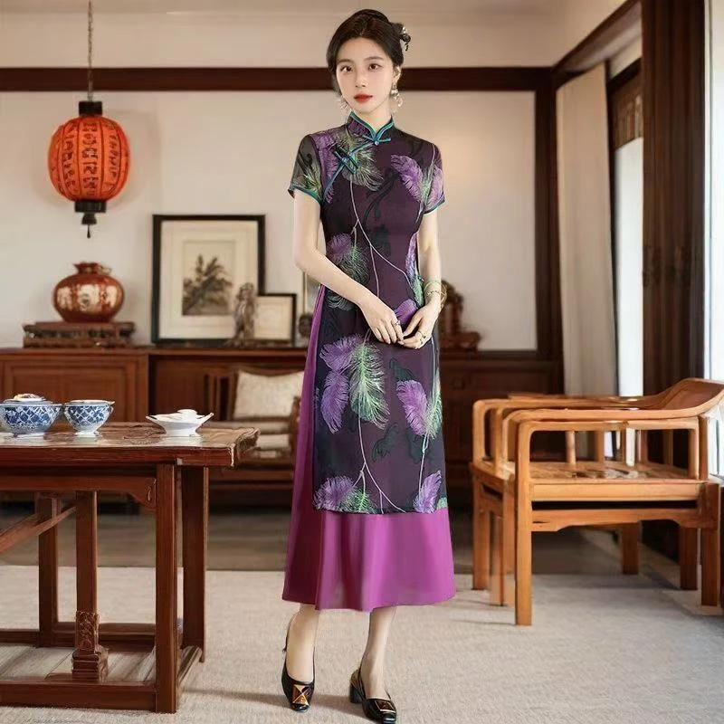 贵夫人夏季遮肚显瘦时尚拼接过膝妈妈装连衣裙高贵改良旗袍中长款