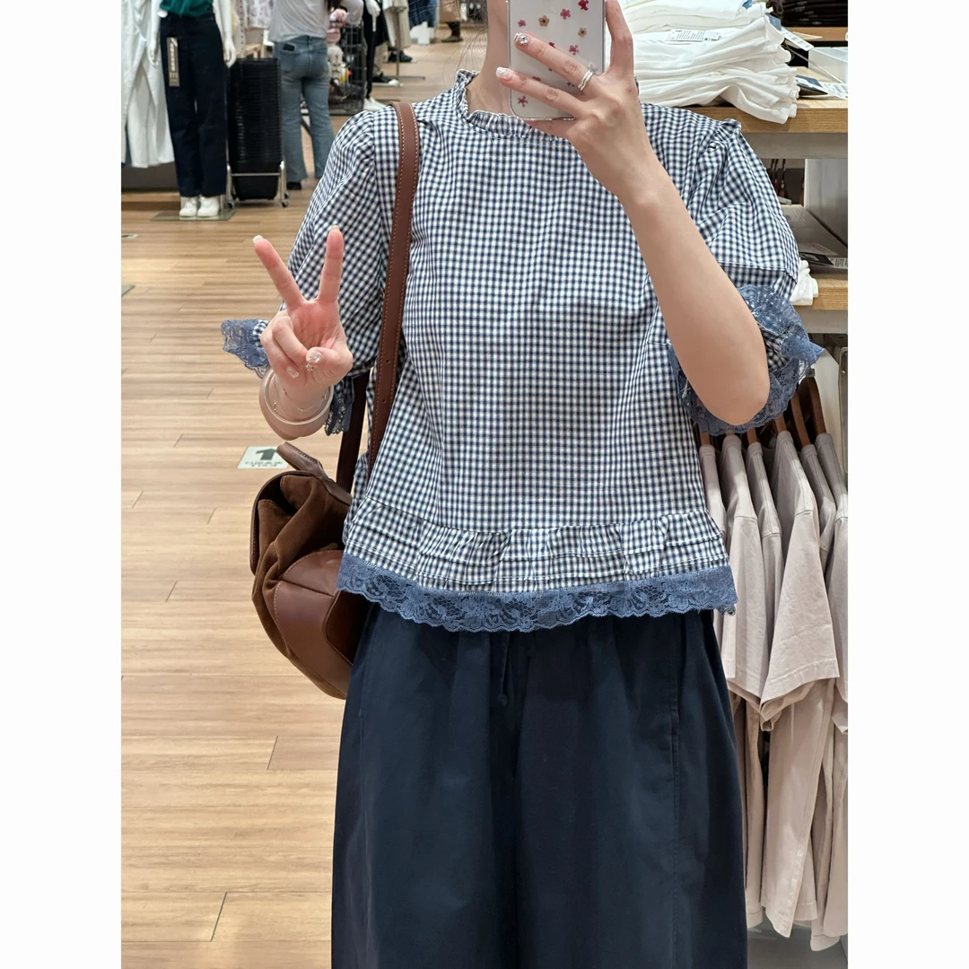 【歡囍夏季清仓】夏季休闲百搭法式深蓝格子泡泡袖娃娃衫上衣