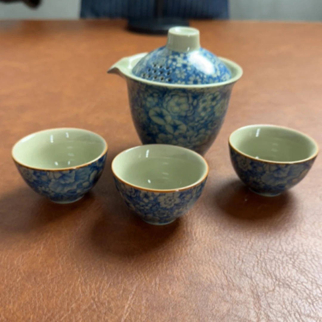 青花汝窑便携茶具一壶三杯旅行陶瓷茶壶户外快客杯