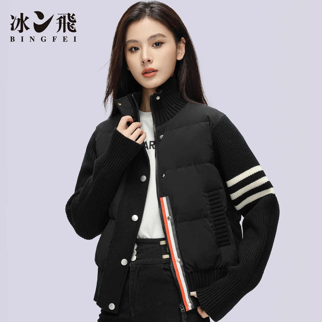 80575冰飞羽绒服女短款2025年冬季新款轻暖拼接针织宽松保暖外套