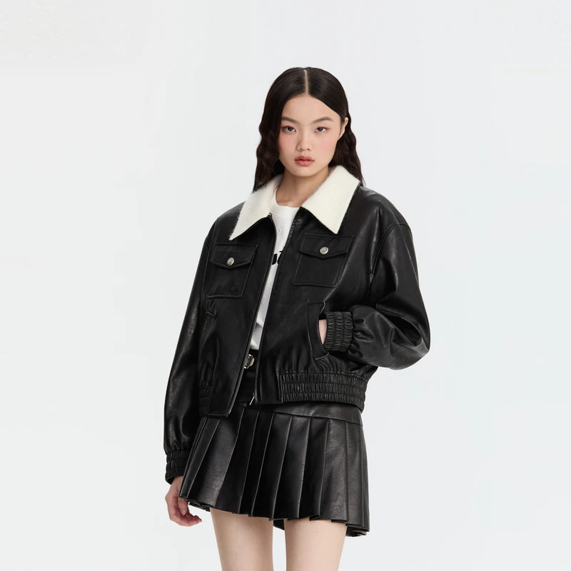 【李一桐同款】REVAN芮范趣味豹纹压印皮夹克外套RM90103269