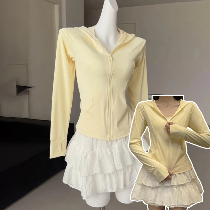 黄色修身冰丝连帽防晒衣女款夏季爆款2025新款防紫外线外穿防晒服