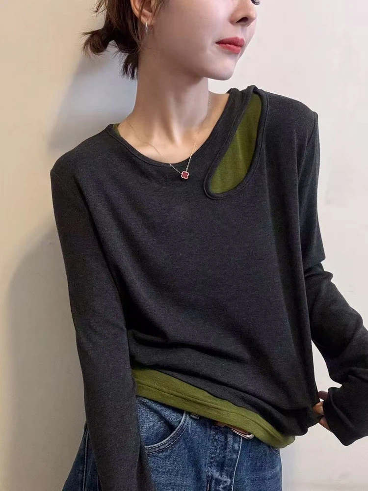 冬季加绒网红洋气炸街女高级感圆领假两件长袖t恤打底衫内搭上衣