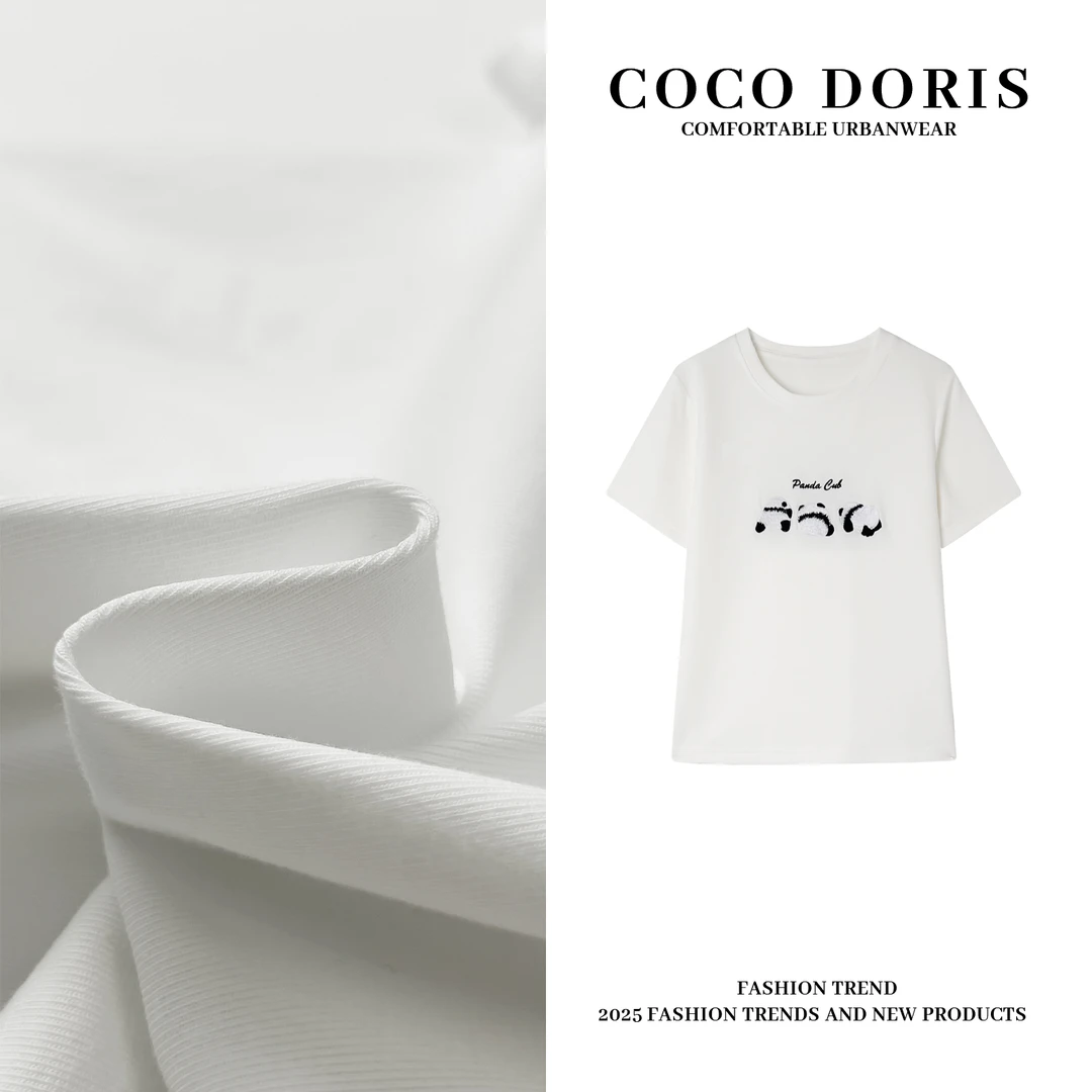 COCO DORIS 2025春夏新款熊猫刺绣设计T恤通勤休闲百搭上衣6034