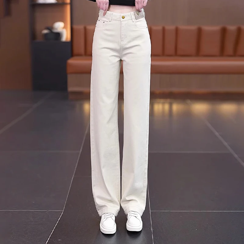 拉夏贝尔韩版休闲裤女春秋2025年新款宽松显瘦高腰窄版阔腿牛仔裤