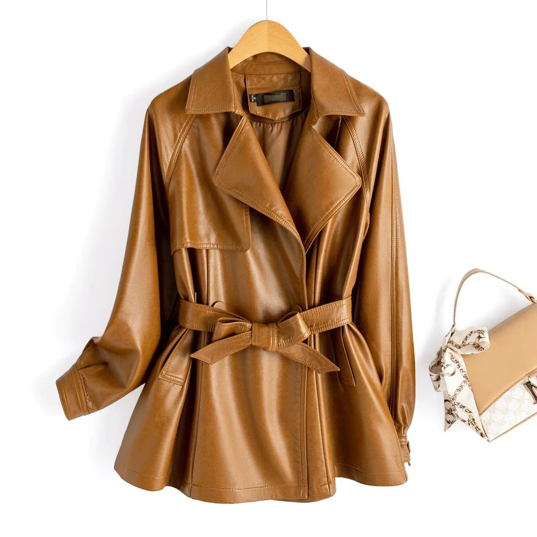 H37女系带韩版机车中长款风衣外套洋气宽松休闲时尚