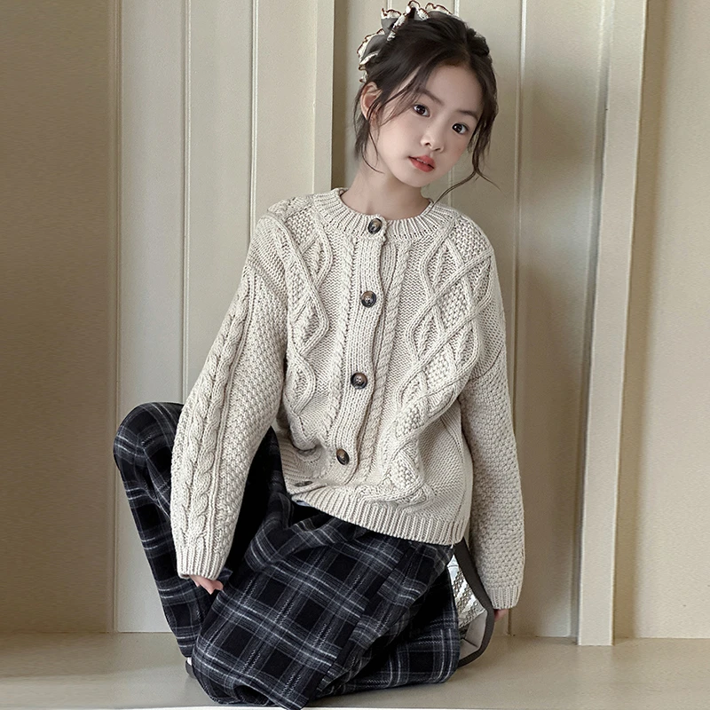 女童秋装毛衣开衫2025新款秋季韩系休闲针织外套儿童阔腿裤两件套