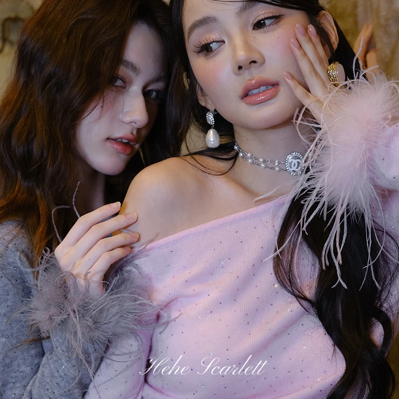 【11/8上新】色彩主张 定位烫钻天丝羊绒羊毛定染设计感斜肩针织衫