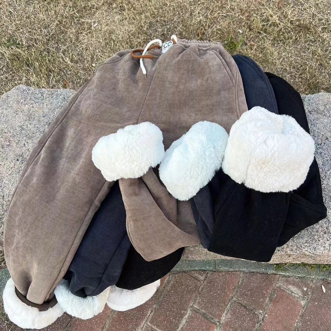 新款冬季欧棉绒加绒仿兔毛中性男宝女宝穿防寒户外休闲束脚口长裤