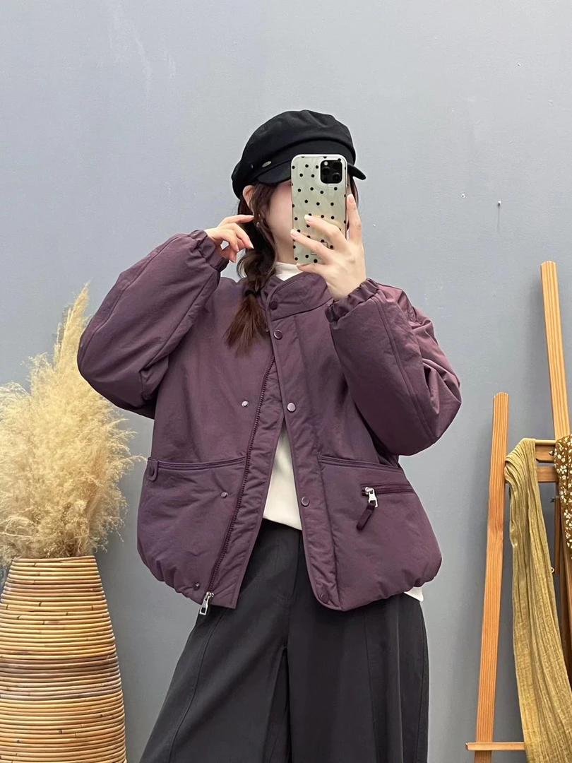 保暖立领拼接纯色宽松型棉服棉衣复古短款韩版宽松休闲百搭厚款冬