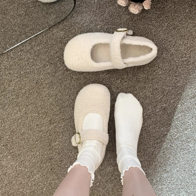 白色勃肯法式毛毛鞋女外穿平底加绒保暖秋冬季2025新款羊羔毛棉鞋