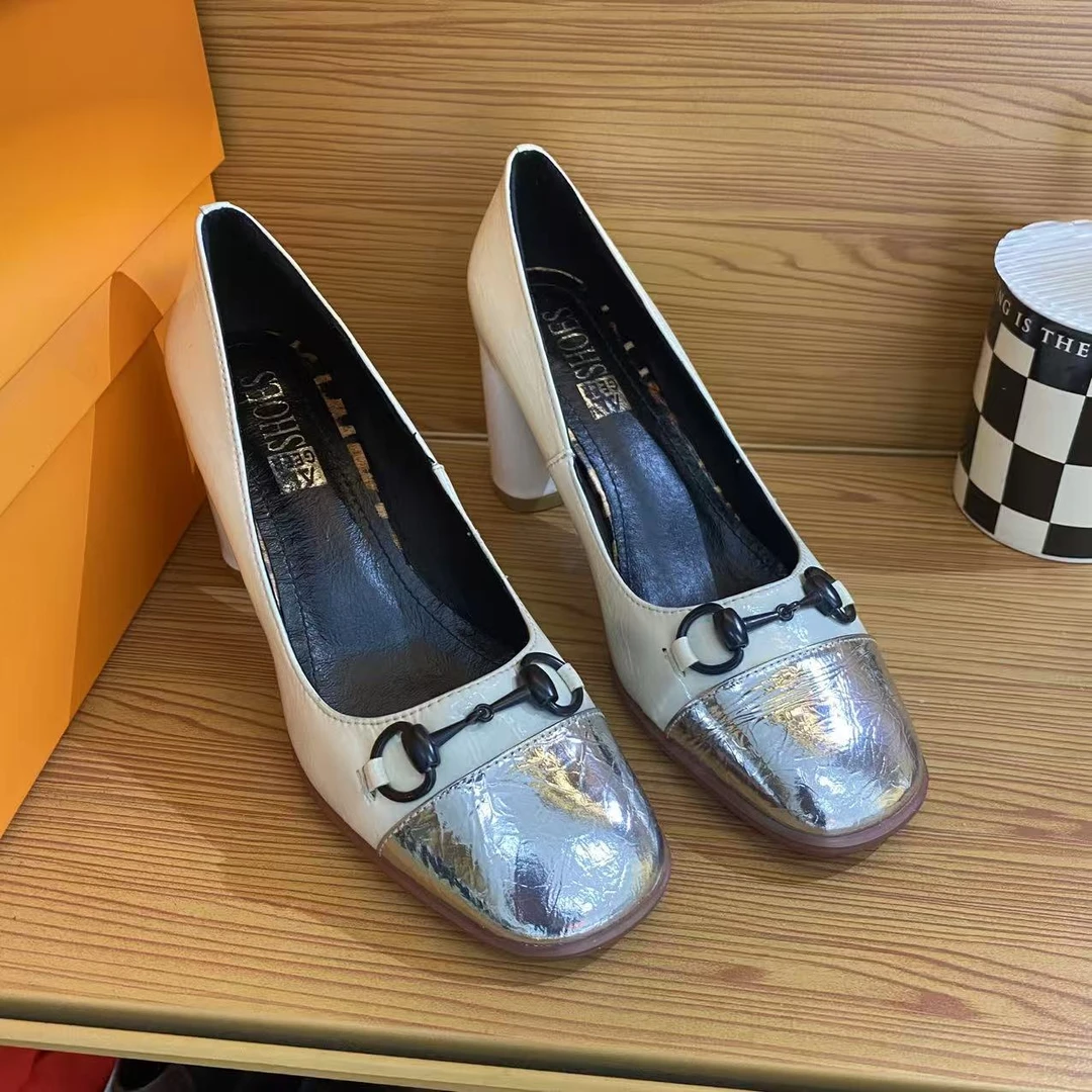 瑕疵鞋 染色 圆头粗跟单鞋