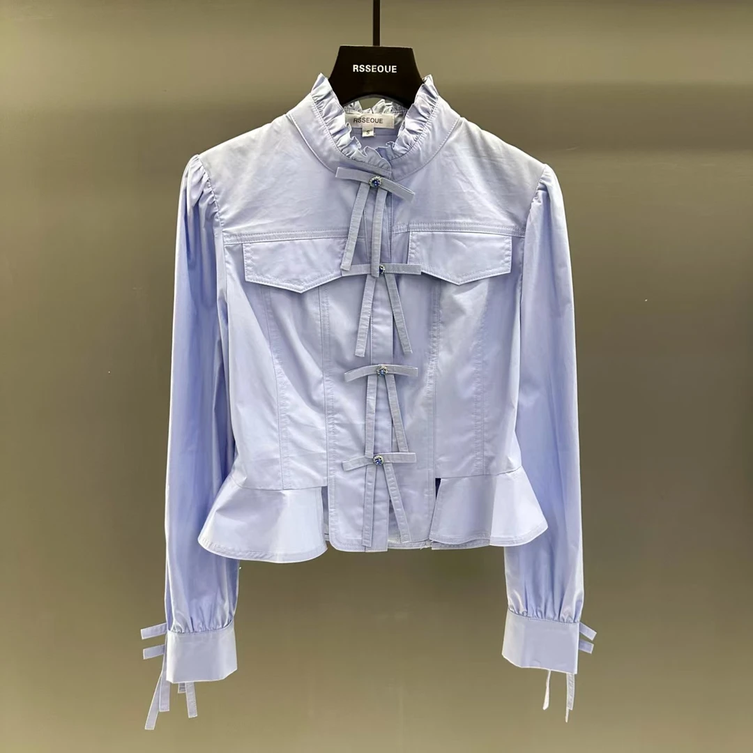 法式纯欲高级感木耳边衬衫女春季2025新款喇叭袖短款衬衣气质长袖