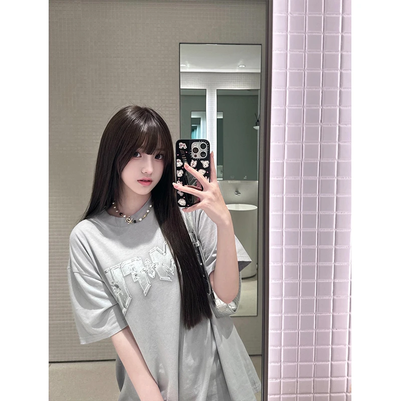 金属摇滚阔身灰色复古运动短袖T恤圆领宽松显瘦百搭休闲上衣