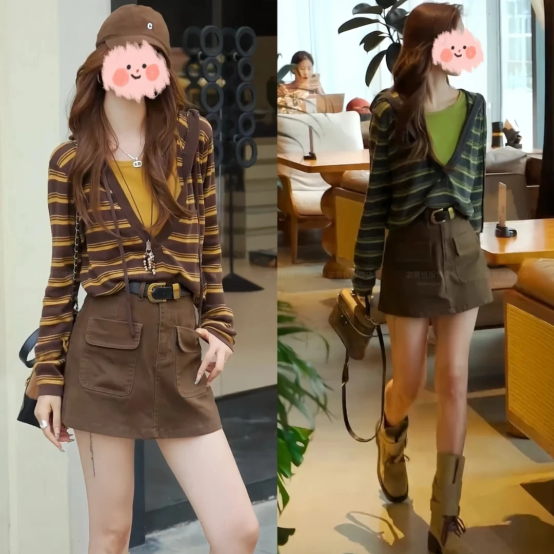 小众炸街高级感套装女2025春秋新款条纹连帽针织长袖半身裙两件套