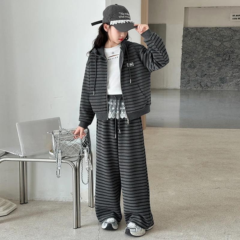 女童秋装休闲条纹套装2025新款儿童洋气连帽外套春秋阔腿裤两件套