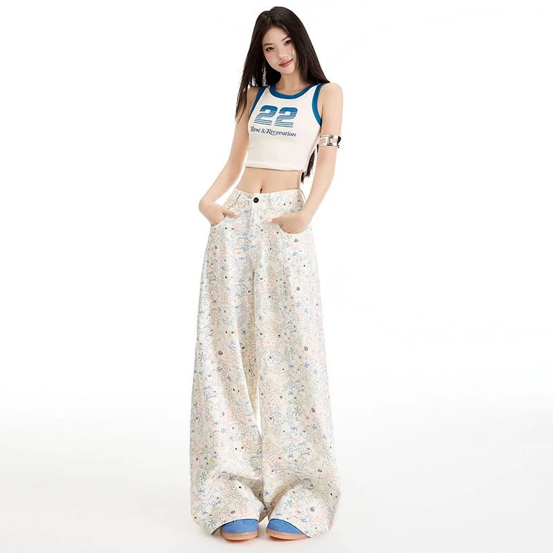 日系白色印花涂鸦牛仔裤女2025春夏高腰时尚舒适显瘦直筒拖地裤子