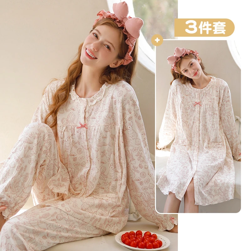 家时光月子服纯棉100%全棉孕妇睡衣秋冬10-12月待产服产妇裙7459
