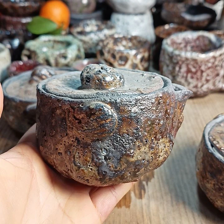 不退换志野柴烧手捏宝瓶比*静