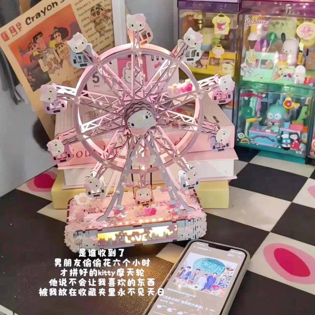 kt猫摩天轮八音盒diy手工旋转音乐盒木质拼装玩具七夕送女友礼物