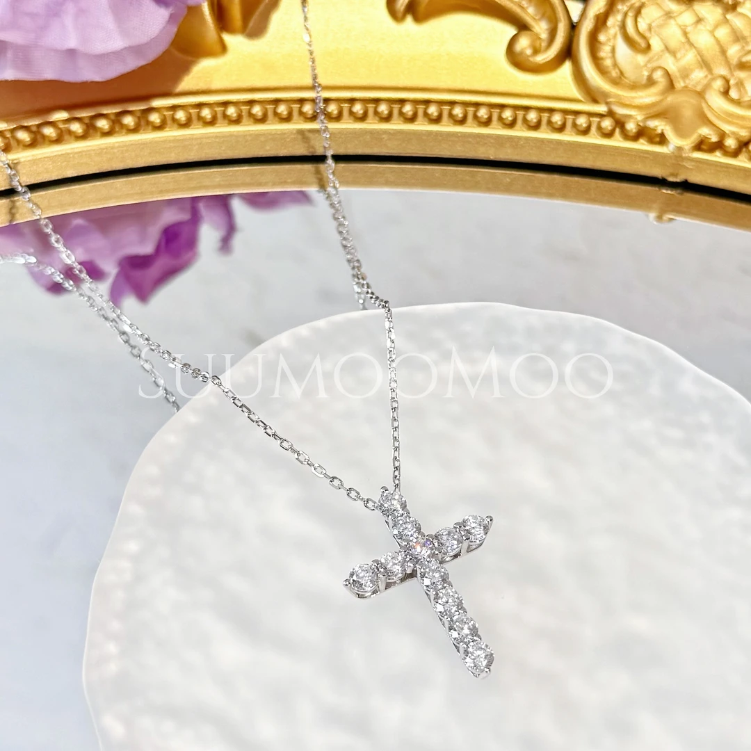 坠链均925银合成锆石 法式时尚满钻十字项链 925通体银