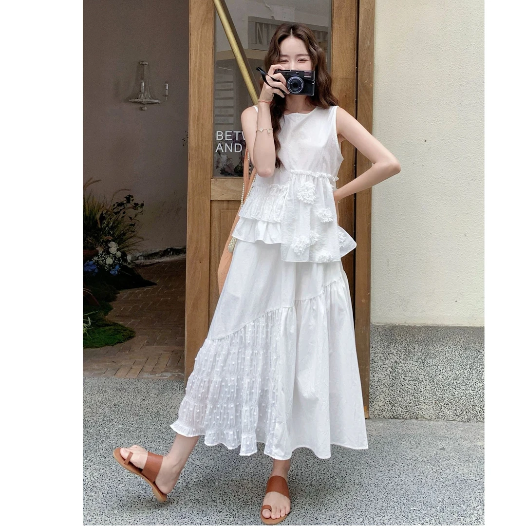 珩绣2025年夏女装圆领白色玫瑰花语上衣半身裙套装JS-88797