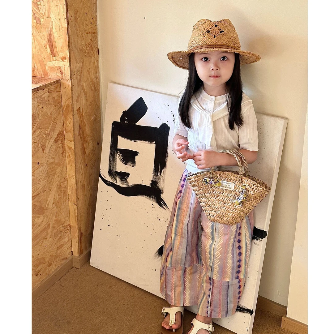 壹妈新款童装女童夏装套装2025洋气儿童排扣针织上衣拼色花条裤潮