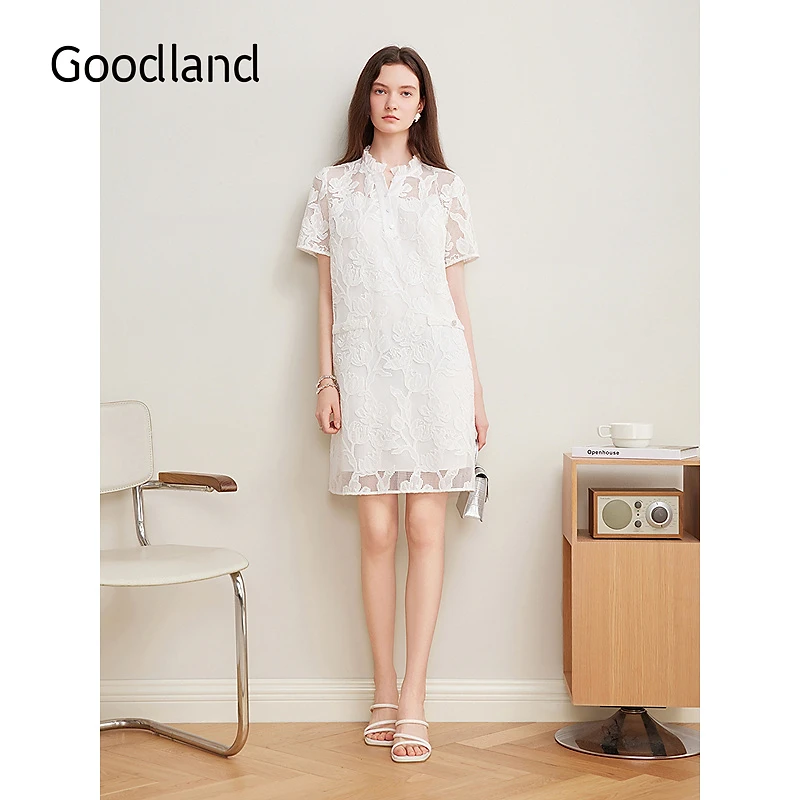 Goodland美地女装2025夏季新款木耳花边领鸢尾剪花刺绣蕾丝连衣裙