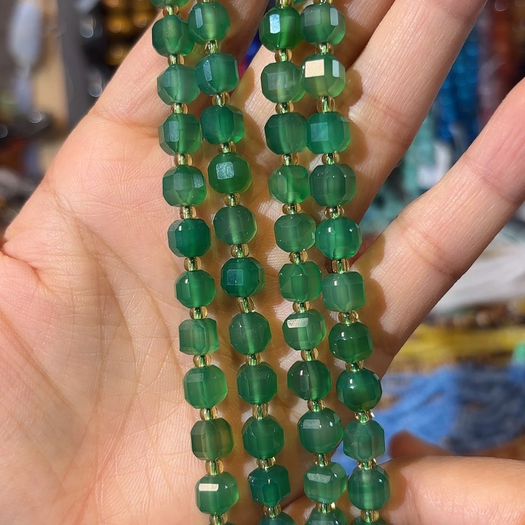 玛瑙/玉髓银S925镀金镶嵌珠宝半成品绿玛瑙卡8方糖一条