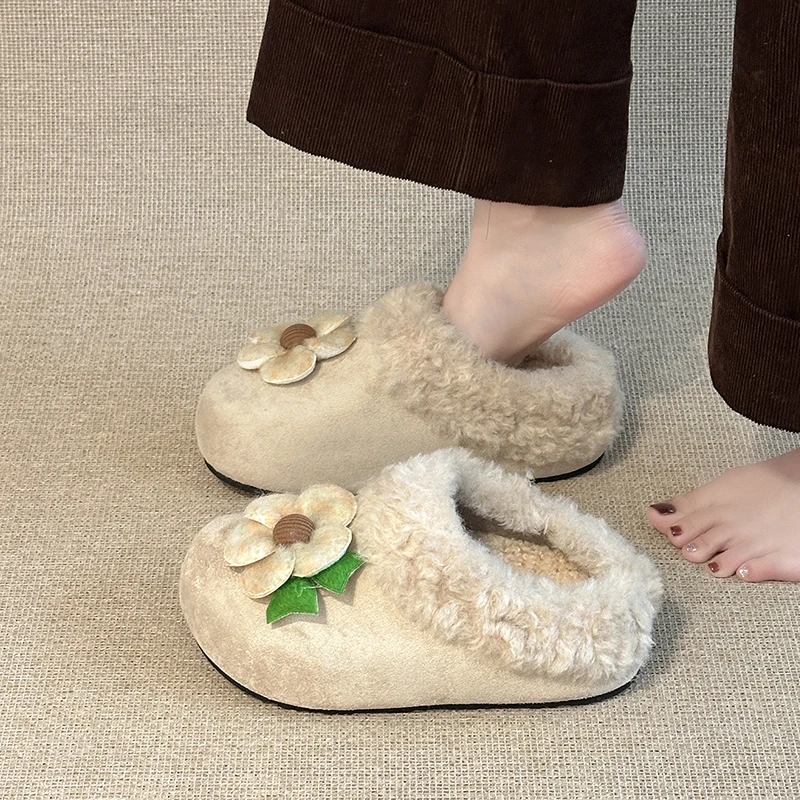 内增高花朵毛毛勃肯包鞋女2025冬季新款包头厚底保暖舒适外穿拖鞋