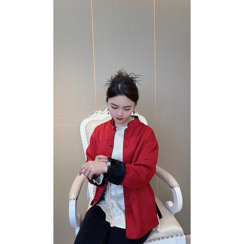 鑫-2025春秋新款新中式暗纹提花缎面两面穿外套女686