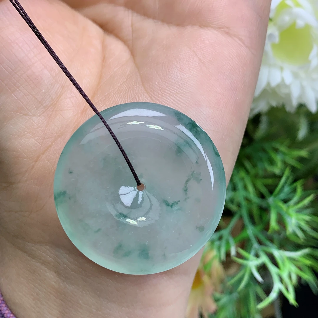 缅甸天然翡翠a货玉石冰种起胶飘花平安扣吊坠钟尺寸35/6.3mm