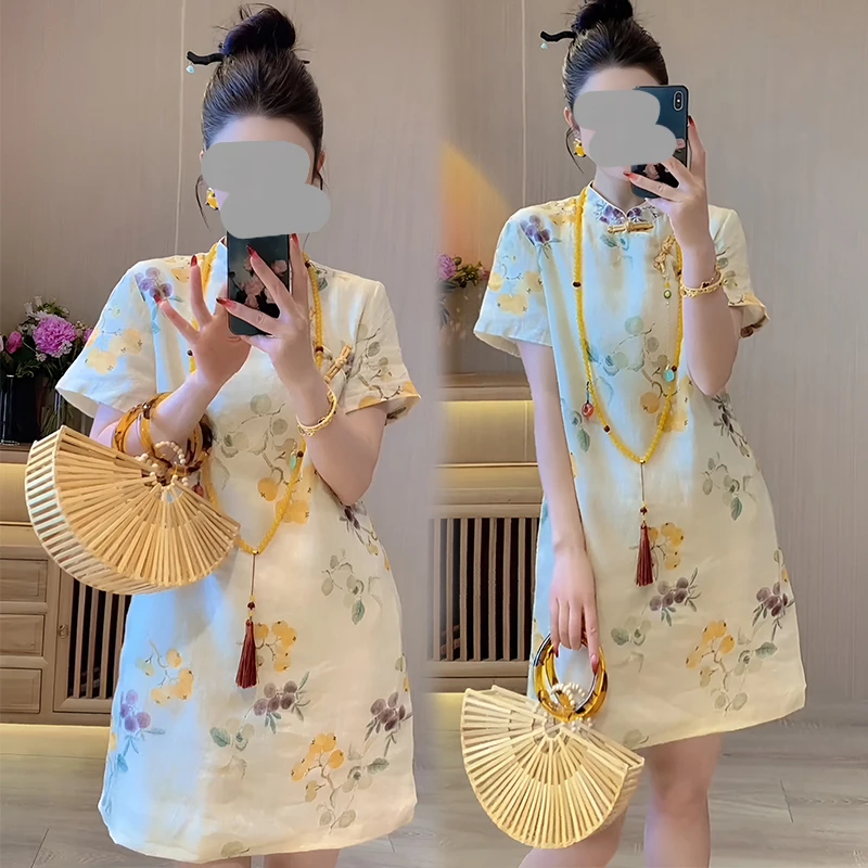 2025夏季新款时尚高端轻奢设计感气质短袖高腰显瘦连衣裙女旗袍裙