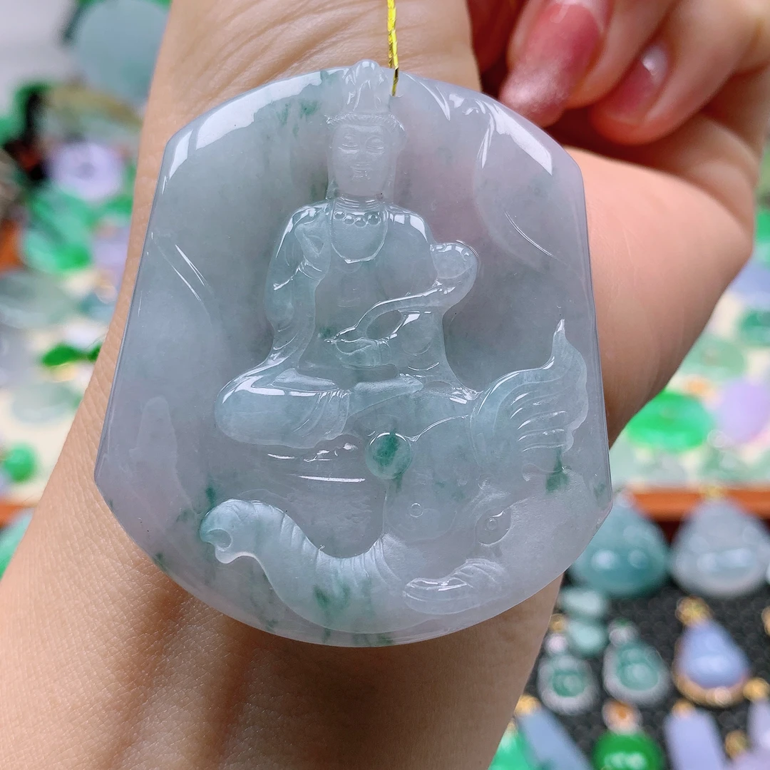缅甸天然A货翡翠，冰飘花普贤 编号 163/808尺寸53.4-46-5.8