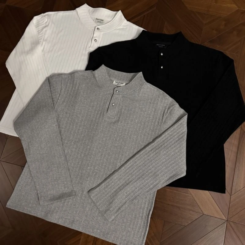 0042 纽扣亨利领基础老钱长袖boxy版型正肩合身打底卫衣秋冬