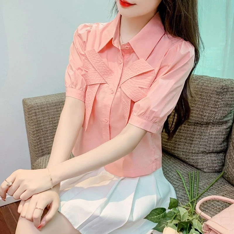 2025夏装蝴蝶结POLO领短袖衬衫女设计感小众百搭法式别致短款上衣