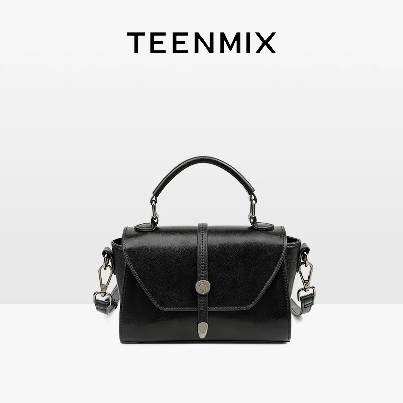 天美意女包新款手提包美拉德风油蜡牛皮简约休闲百搭斜挎包小